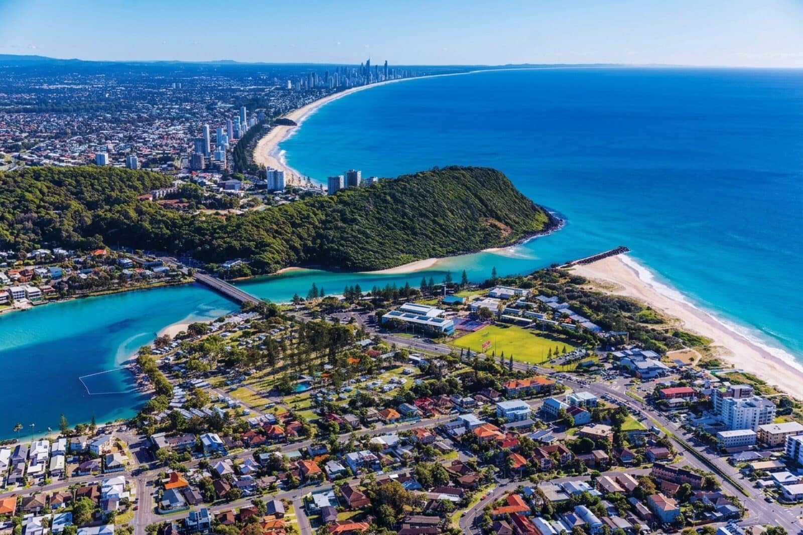 Aerial view of the Gold Coast coastline from Burleigh Heads north to Surfers Paradise, the area Moral Service covers