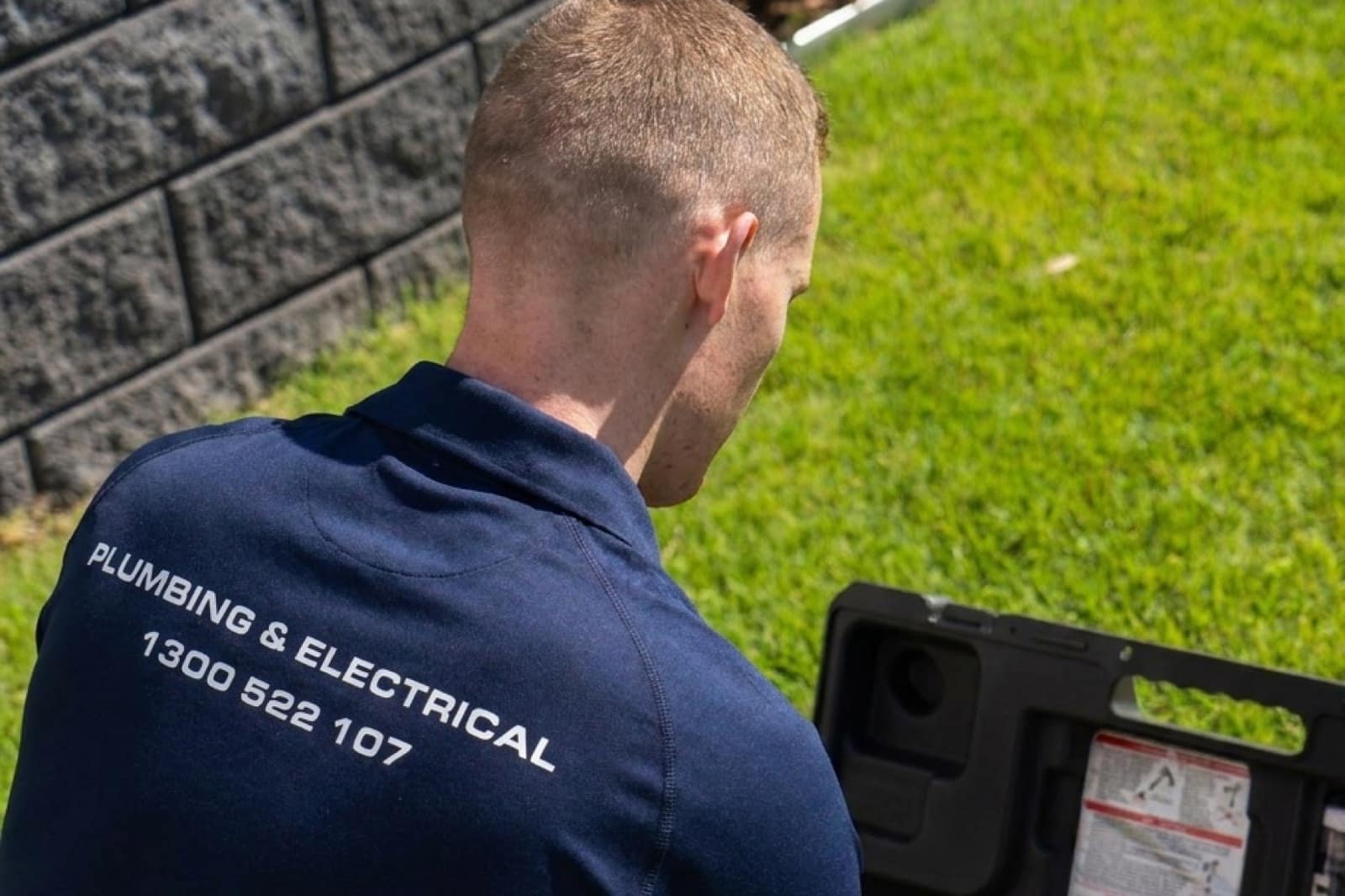 A Moral Service plumber setting up leak detection gear on the lawn of a Gold Coast home